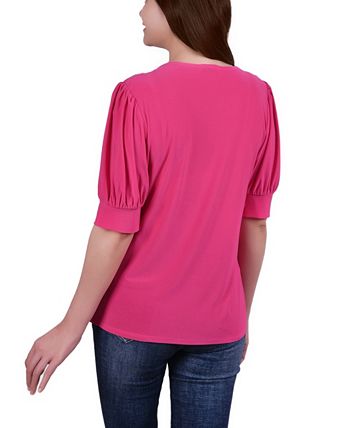 NY Collection Women's Short Sleeve Balloon Sleeve Top Pink Size Petite Medium