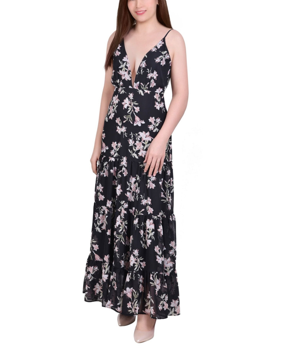 NY Collection Women's Tiered Spaghetti Strap Maxi Dress Black Size Large