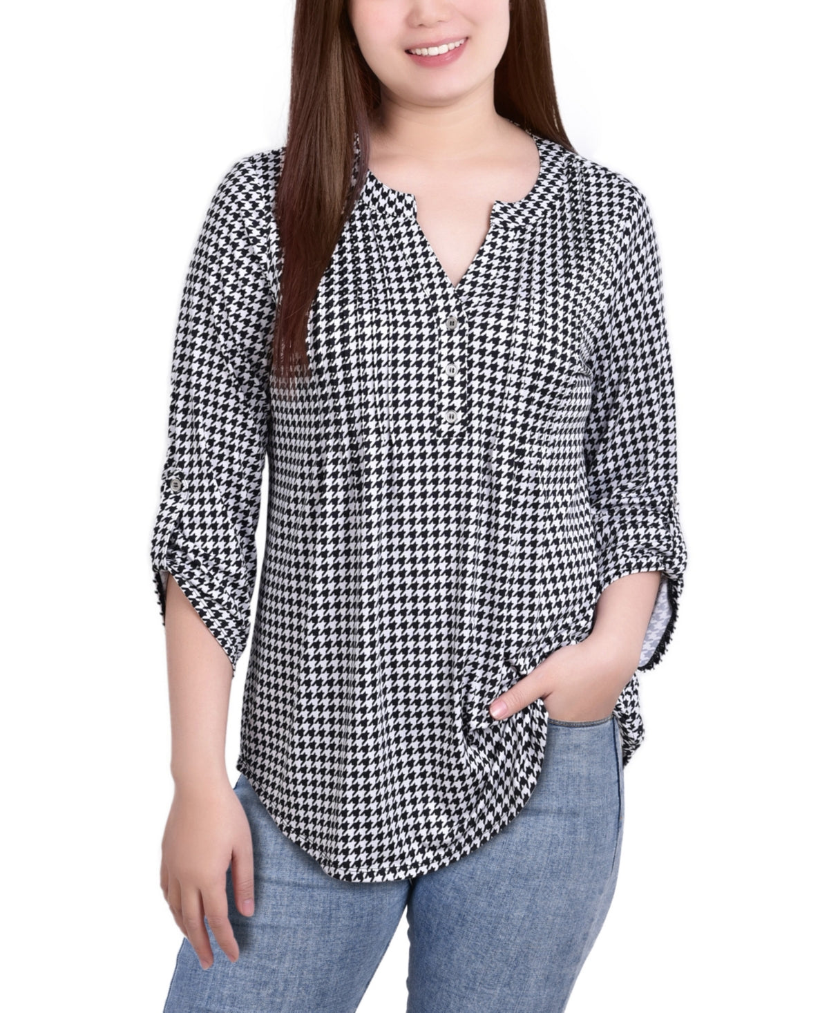 NY Collection Women's Knit Jacquard 3/4 Sleeve Roll Tab Pintuck Top Black Size Petite Medium