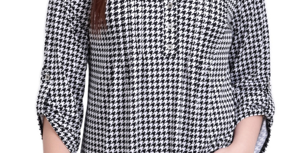 NY Collection Women's Knit Jacquard 3/4 Sleeve Roll Tab Pintuck Top Black Size Petite Medium