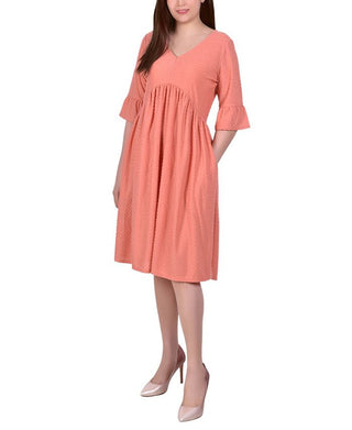 NY Collection Women's Elbow Sleeve Swiss Dot Empire Dress Orange Size Petite X-Large