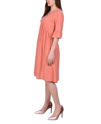 NY Collection Women's Elbow Sleeve Swiss Dot Empire Dress Orange Size Petite X-Large