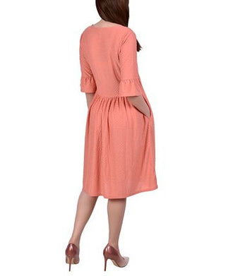 NY Collection Women's Elbow Sleeve Swiss Dot Empire Dress Orange Size Petite X-Large