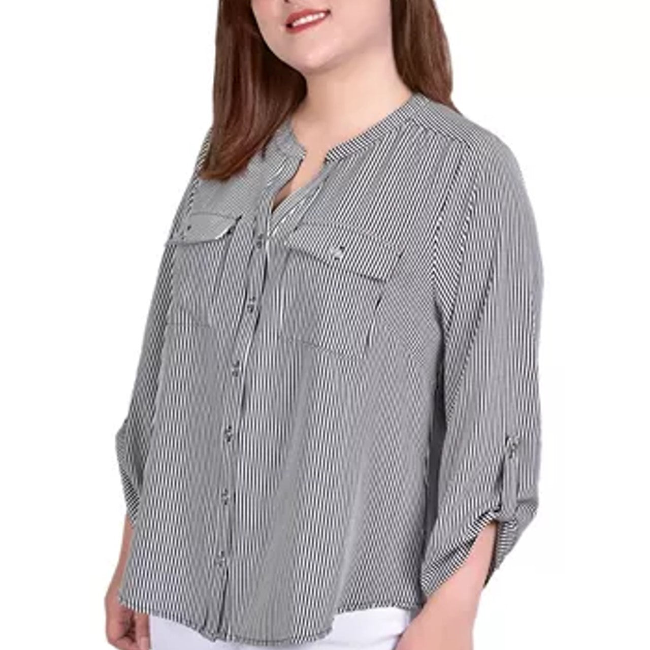 NY Collection Women's 3/4 Sleeve Roll Tab Y Neck Blouse White Size 2X