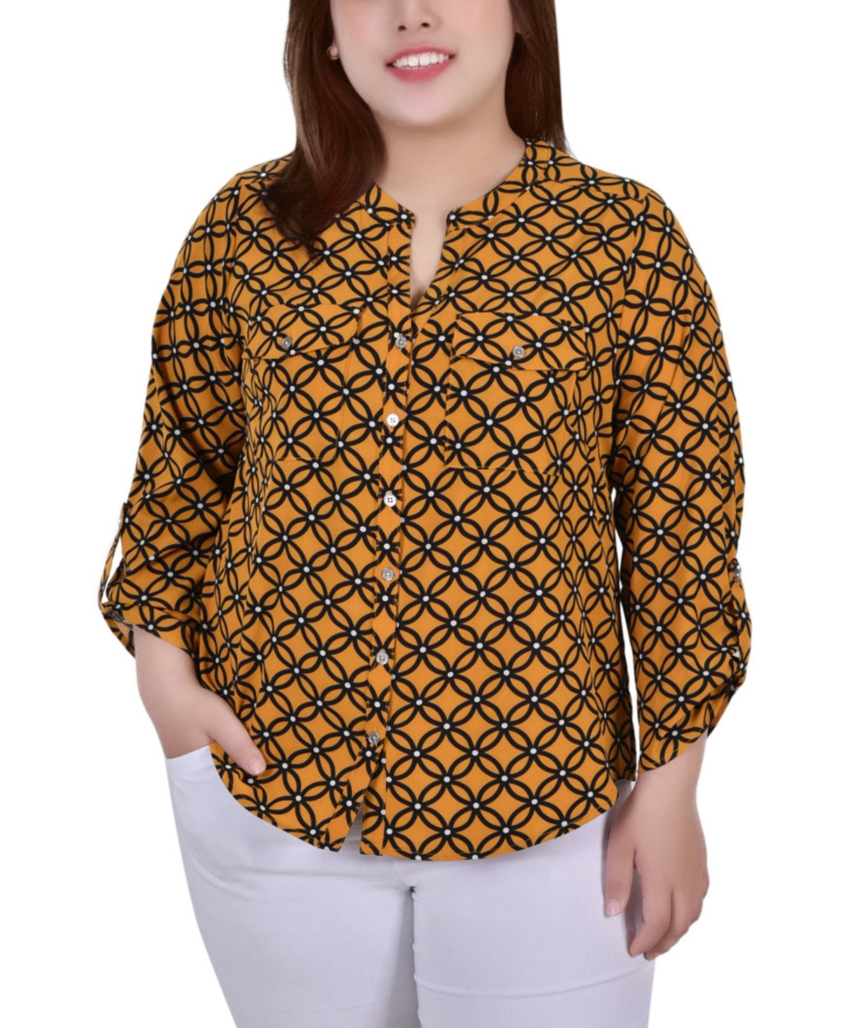 NY Collection Women's 3/4 Sleeve Roll Tab Y Neck Blouse Yellow Size 2X