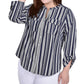 NY Collection Women's 3/4 Sleeve Roll Tab Y Neck Blouse Blue Size 2X