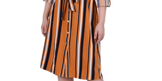 NY Collection Women's Roll Tab Shirt Dress Brown Size Petite Medium