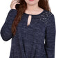 NY Collection Women's Long Sleeve Knit Keyhole Top Blue Size Petite Medium