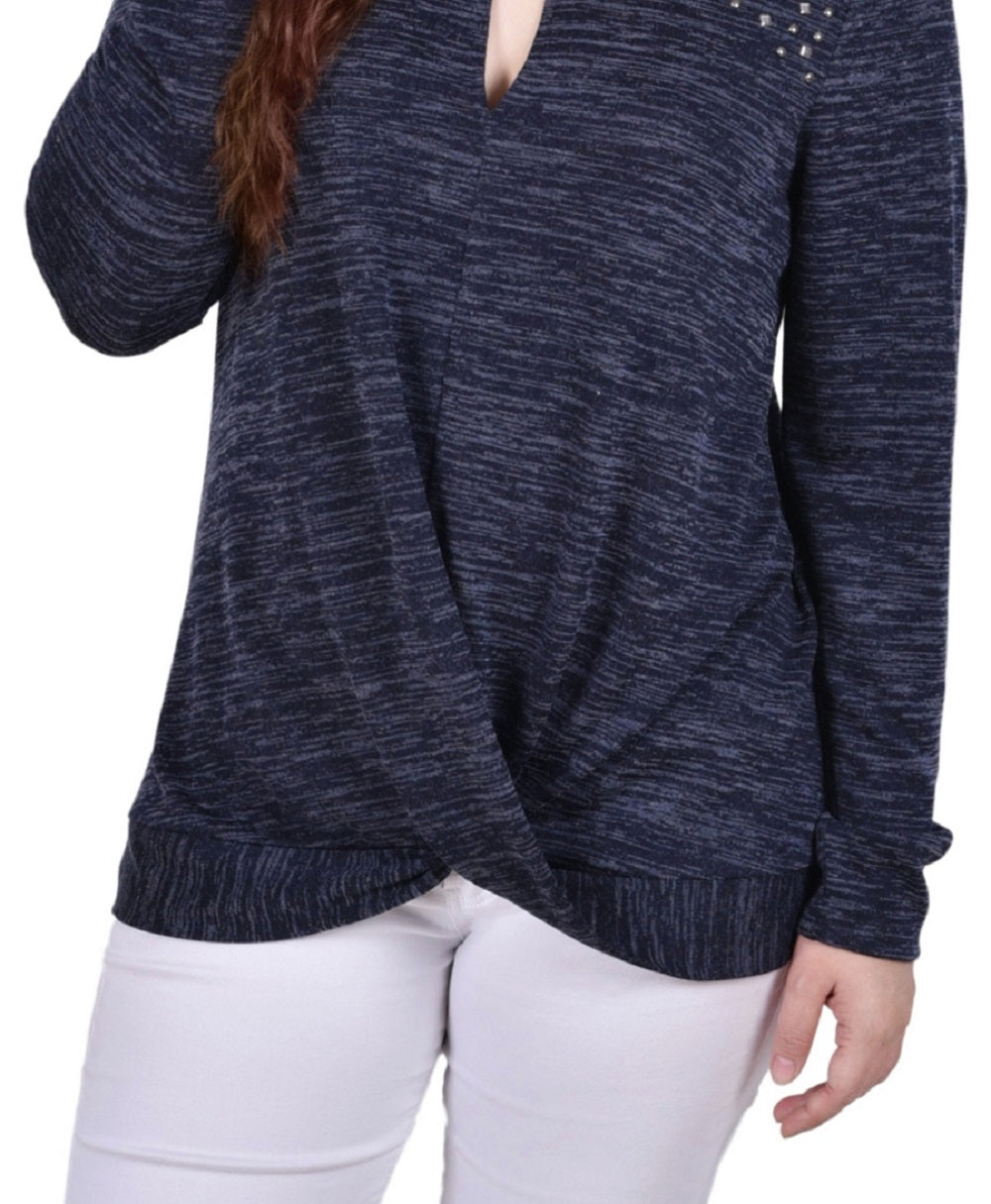 NY Collection Women's Long Sleeve Knit Keyhole Top Blue Size Petite Medium