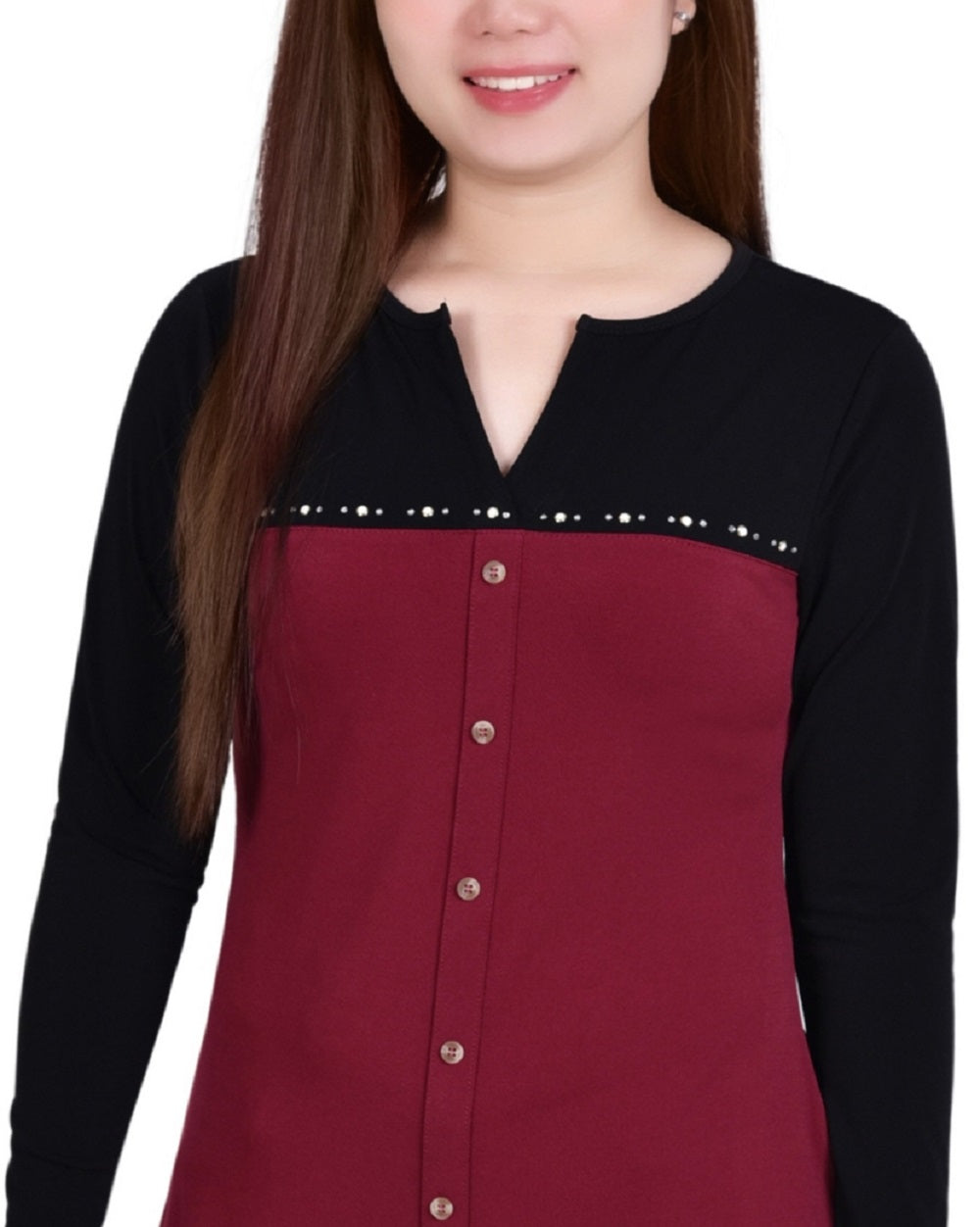NY Collection Women's Long Sleeve Studded Colorblocked Split Neck Top Red Size Petite X-Large