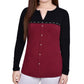 NY Collection Women's Long Sleeve Studded Colorblocked Split Neck Top Red Size Petite X-Large