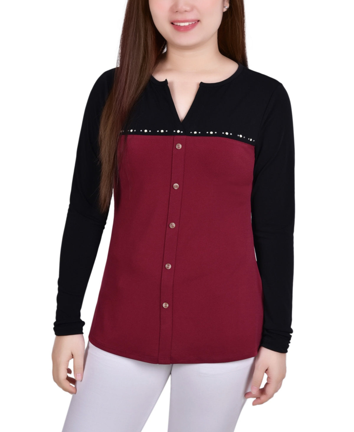 NY Collection Women's Long Sleeve Studded Colorblocked Split Neck Top Red Size Petite X-Large