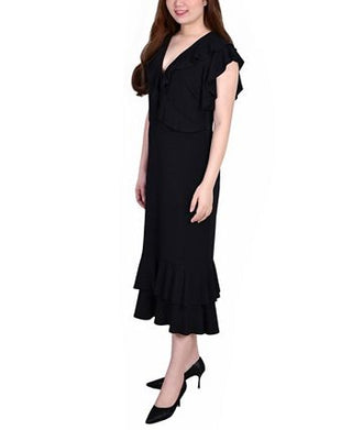 NY Collection Women's Short Flutter Sleeve Ruffle Neck Dress Black Size Large