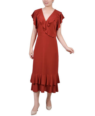NY Collection Women's Flutter Sleeve Ruffle Midi Dress Red Size Petite Large