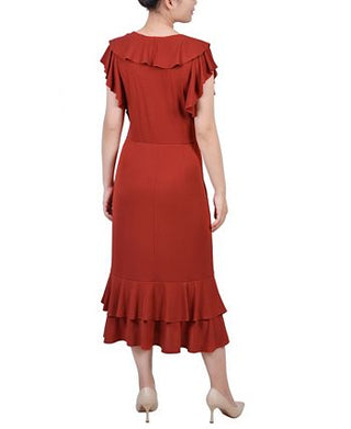 NY Collection Women's Flutter Sleeve Ruffle Midi Dress Red Size Petite Large