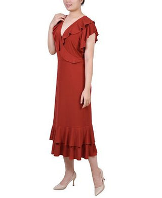 NY Collection Women's Flutter Sleeve Ruffle Midi Dress Red Size Petite Large