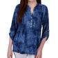 NY Collection Women's 3/4 Roll Tab Sleeve Y Neck Top Blue Size Medium