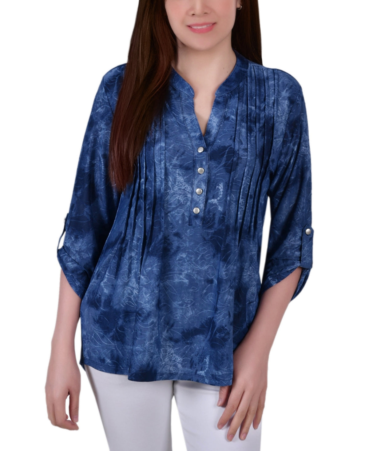 NY Collection Women's 3/4 Roll Tab Sleeve Y Neck Top Blue Size Medium