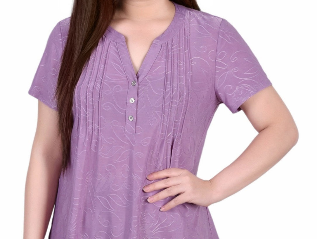 NY Collection Women's Short Sleeve Y Neck Jacquard Knit Top Purple Size X-Large