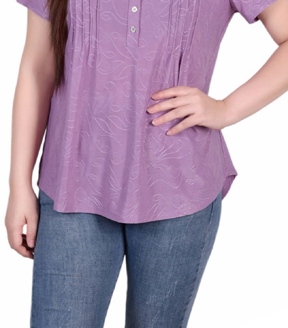 NY Collection Women's Short Sleeve Y Neck Jacquard Knit Top Purple Size X-Large
