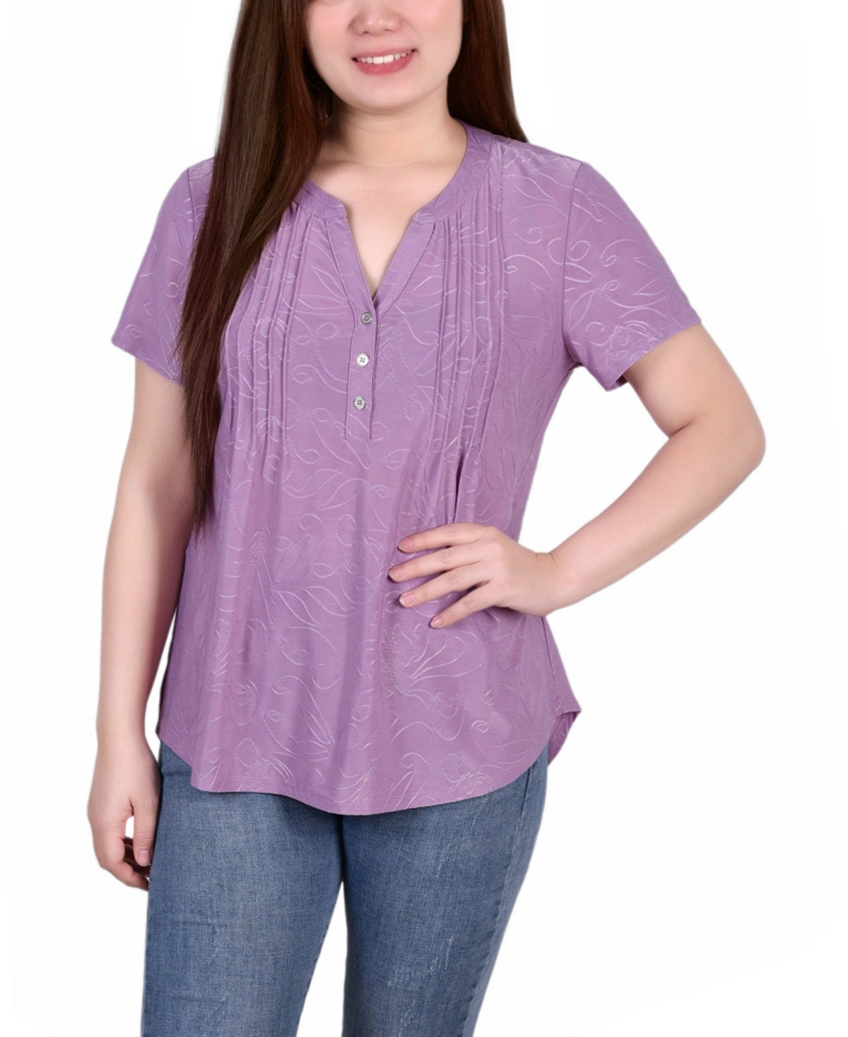 NY Collection Women's Short Sleeve Y Neck Jacquard Knit Top Purple Size X-Large