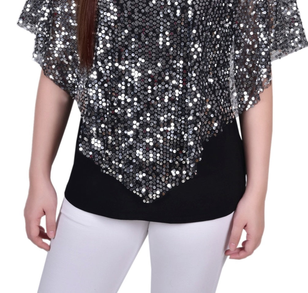 NY Collection Women's Sequin Front Poncho Top Gray Size Petite X-Large