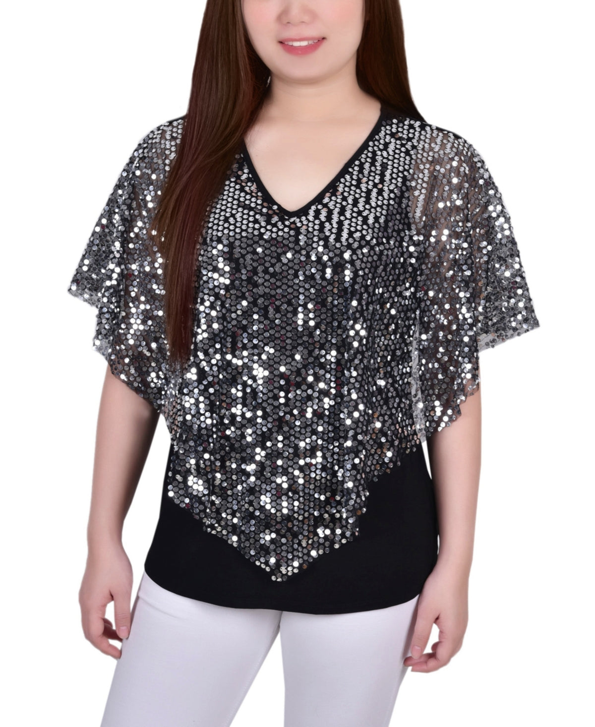 NY Collection Women's Sequin Front Poncho Top Gray Size Petite X-Large