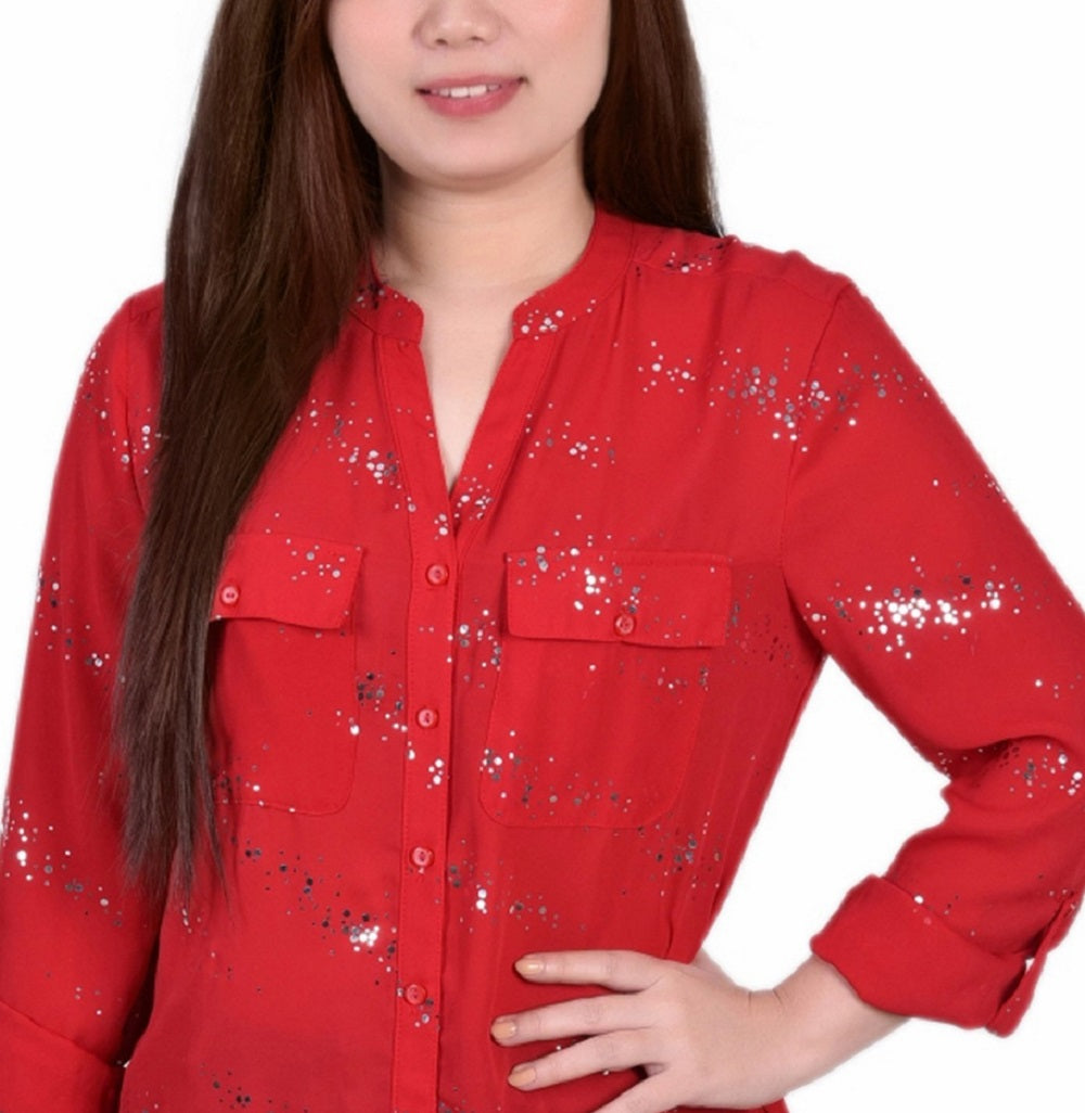 NY Collection Women's 3/4 Sleeve Roll Tab Blouse Red Size Petite X-Large