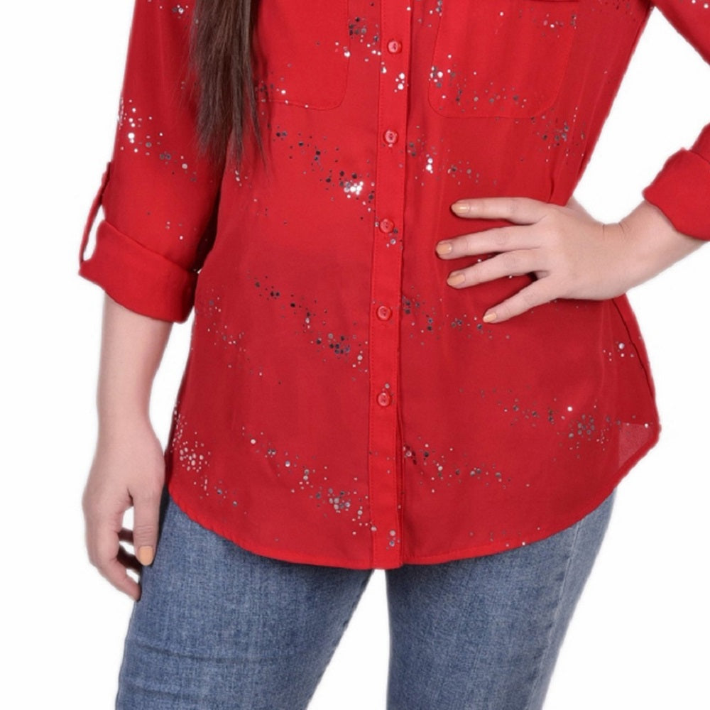 NY Collection Women's 3/4 Sleeve Roll Tab Blouse Red Size Petite X-Large