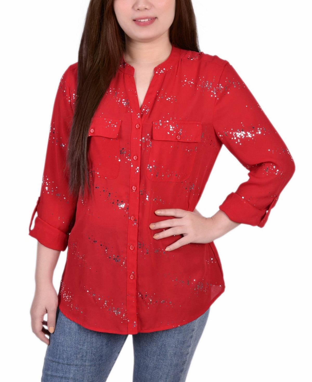 NY Collection Women's 3/4 Sleeve Roll Tab Blouse Red Size Petite X-Large