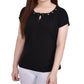 NY Collection Women's Sleeve Grommet Neck Knit Top Black Size Petite Small