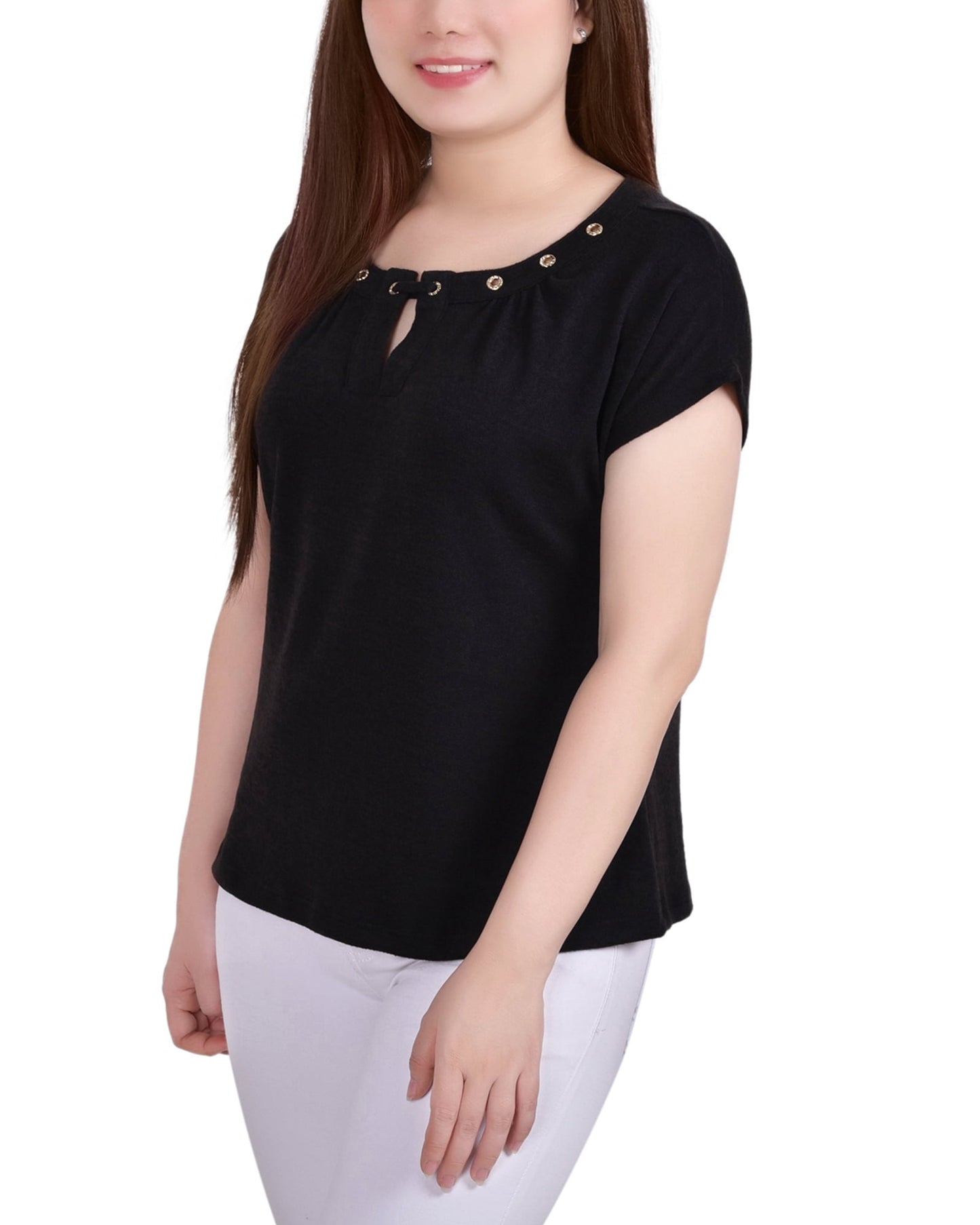 NY Collection Women's Sleeve Grommet Neck Knit Top Black Size Petite Small