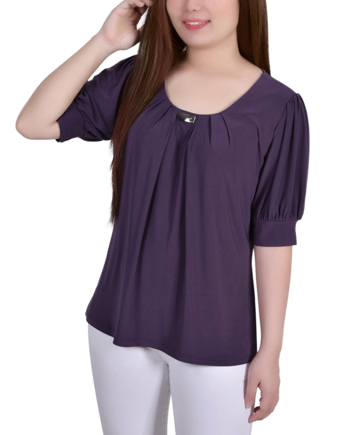 NY Collection Women's Short Sleeve Balloon Sleeve Top Purple Size Petite Large