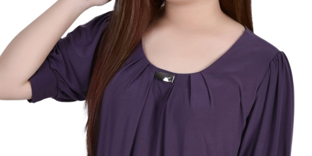 NY Collection Women's Short Sleeve Balloon Sleeve Top Purple Size Petite Large