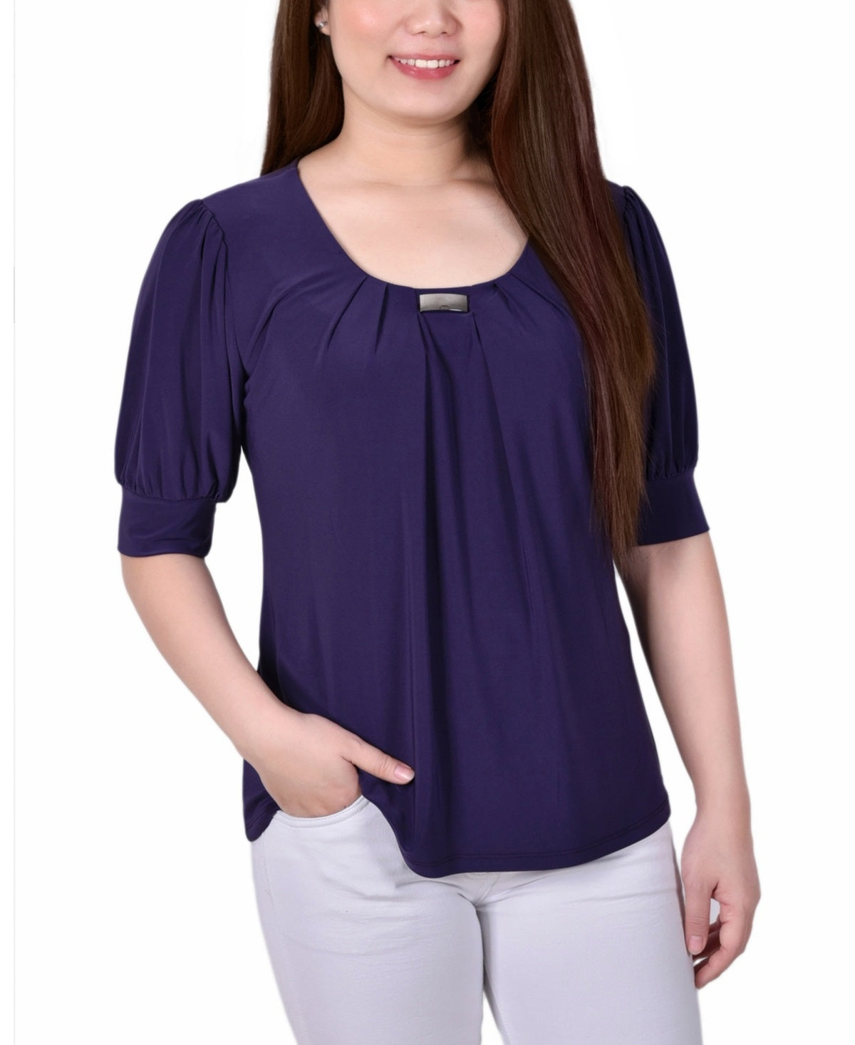 NY Collection Women's Short Sleeve Balloon Sleeve Top Purple Size Petite Medium