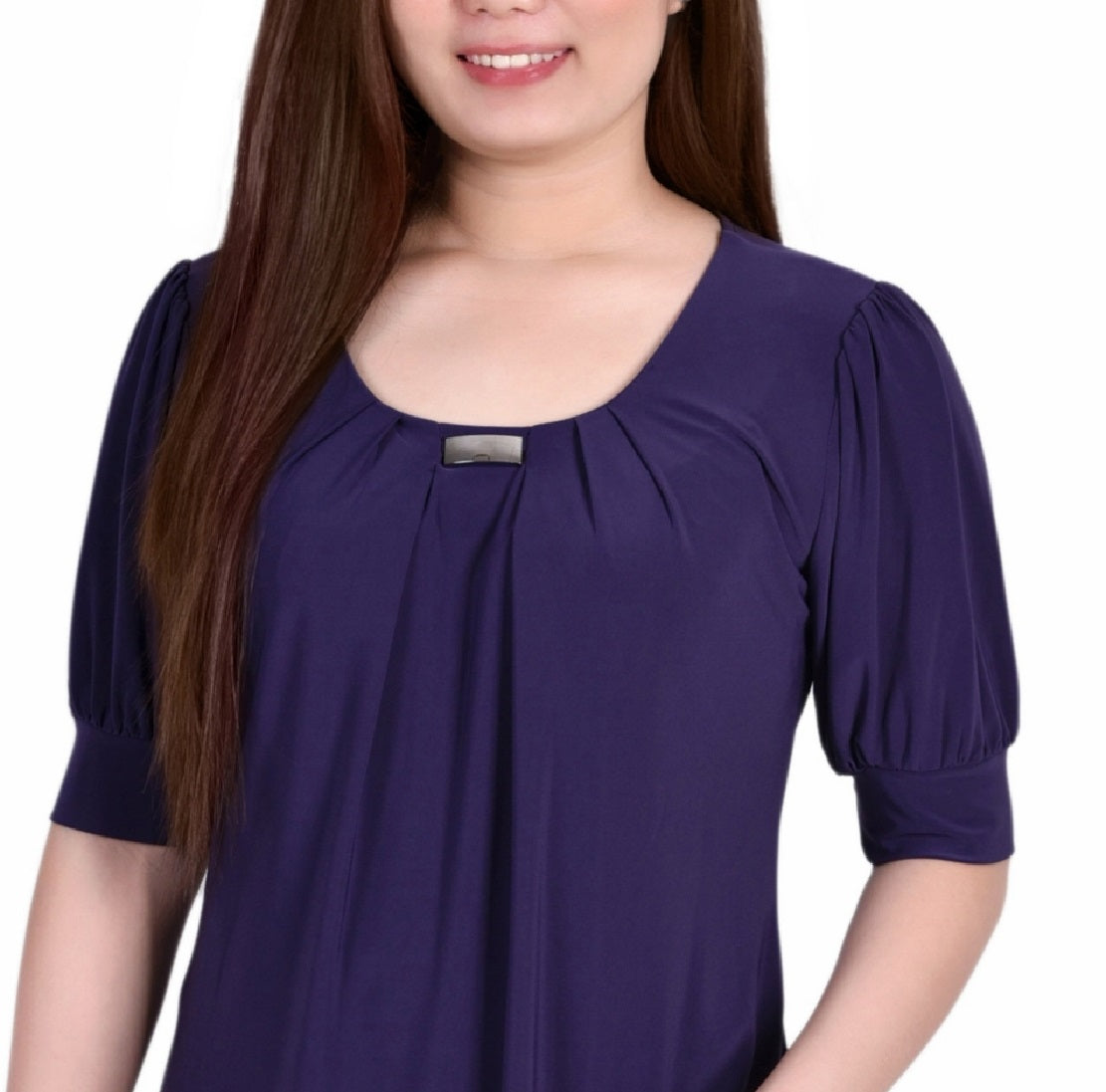 NY Collection Women's Short Sleeve Balloon Sleeve Top Purple Size Petite Medium