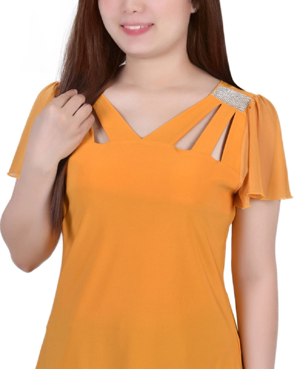 NY Collection Women's Short Flutter Sleeve Top Yellow Size Petite Small