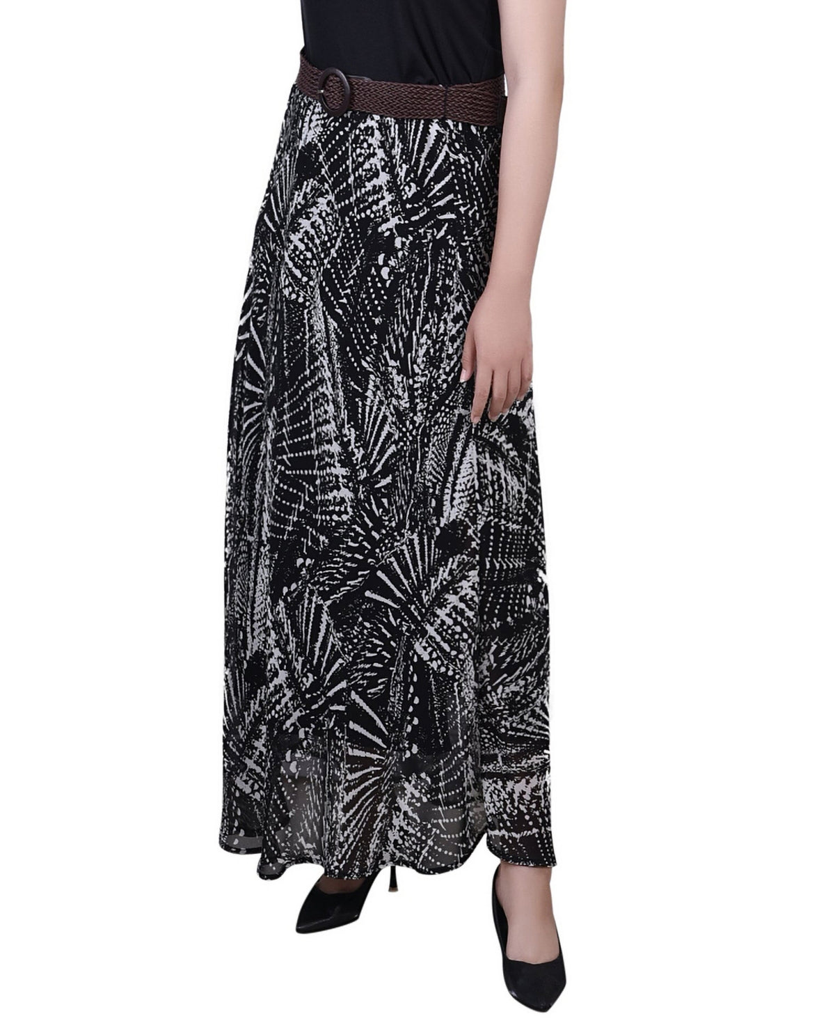 NY Collection Women's Printed Chiffon Belted Maxi Skirt Black Size Petite Large