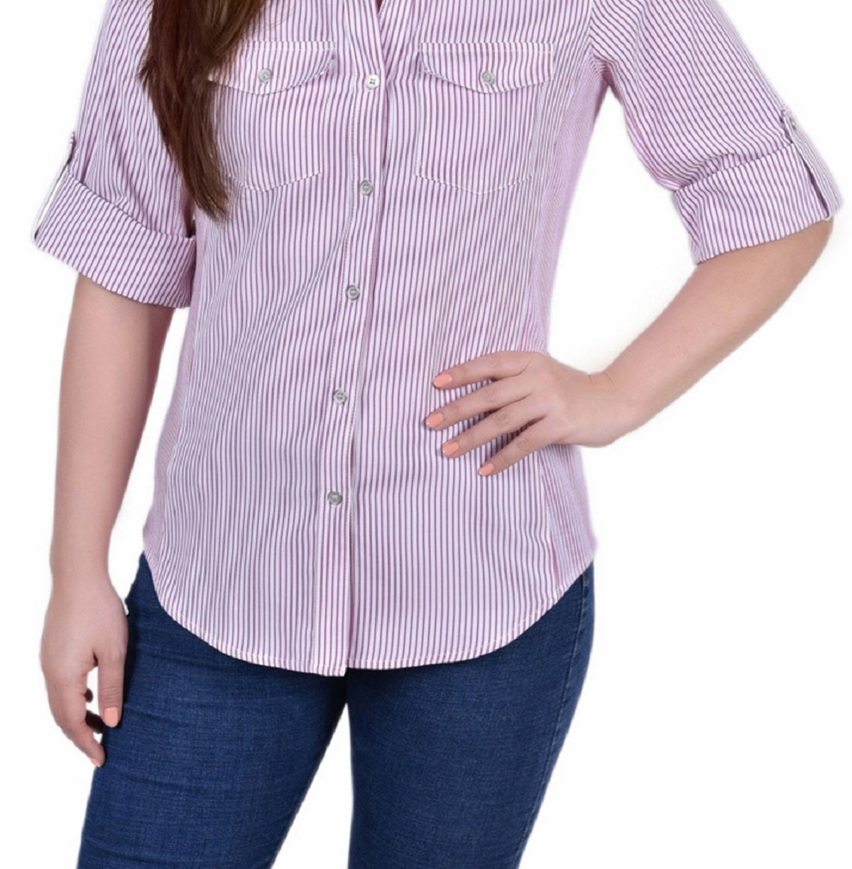 NY Collection Women's 3/4 Sleeve Rib Inset Blouse Purple Size Petite Medium