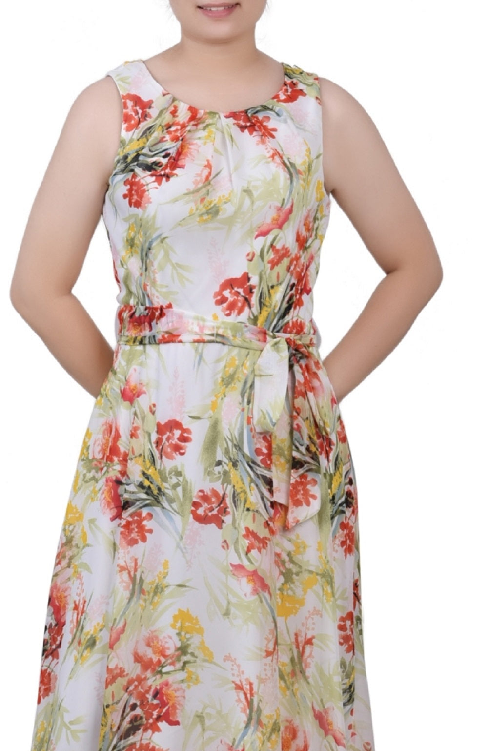 NY Collection Women's Sleeveless Chiffon Belted Dress Brown Size Petite Small