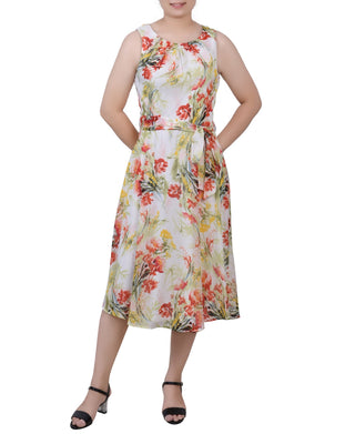 NY Collection Women's Sleeveless Chiffon Belted Dress Brown Size Petite Small