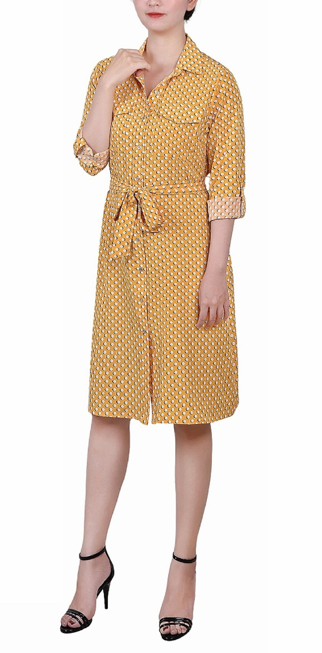 NY Collection Women's Printed Long Sleeve Roll Tab Shirtdress Yellow Size Petite Large