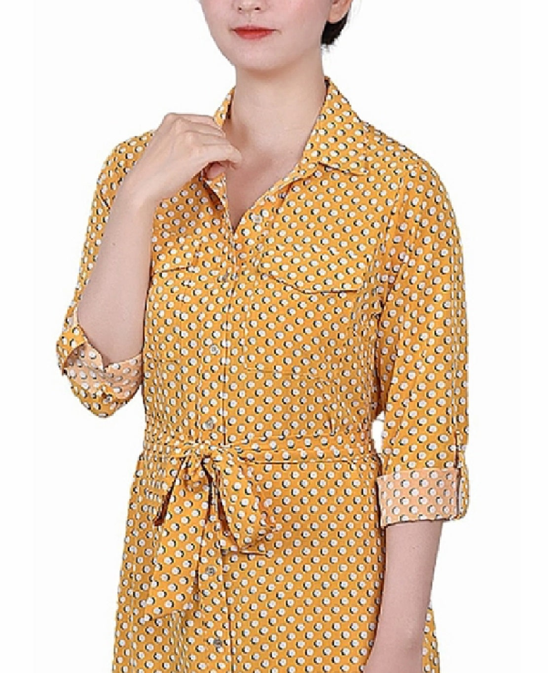 NY Collection Women's Printed Long Sleeve Roll Tab Shirtdress Yellow Size Petite Large