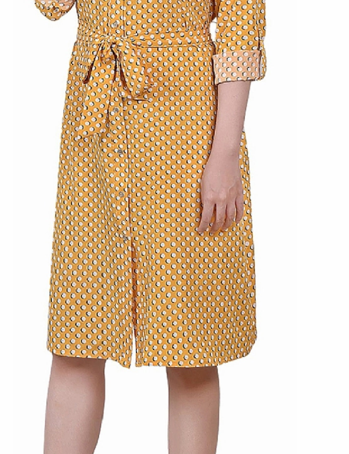 NY Collection Women's Printed Long Sleeve Roll Tab Shirtdress Yellow Size Petite Large