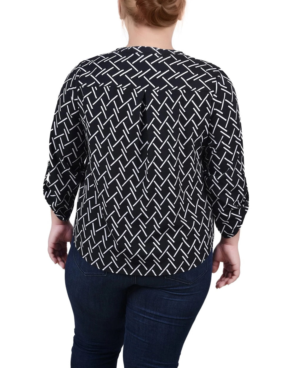 NY Collection Women's Plus 3/4 Sleeve Roll Tab Y Neck Blouse Black Size 2X