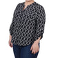 NY Collection Women's Plus 3/4 Sleeve Roll Tab Y Neck Blouse Black Size 2X