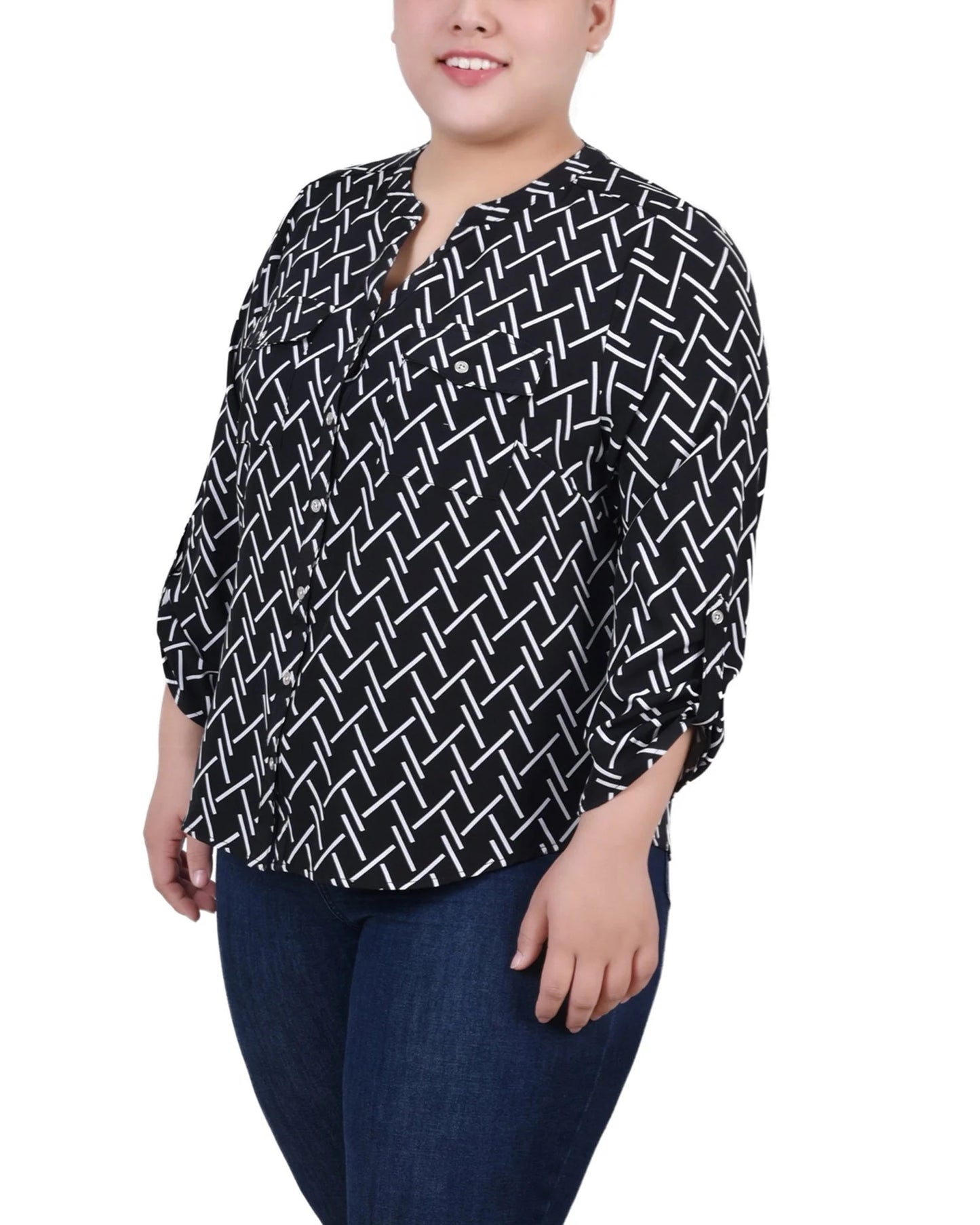 NY Collection Women's Plus 3/4 Sleeve Roll Tab Y Neck Blouse Black Size 2X