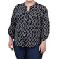 NY Collection Women's Plus 3/4 Sleeve Roll Tab Y Neck Blouse Black Size 2X