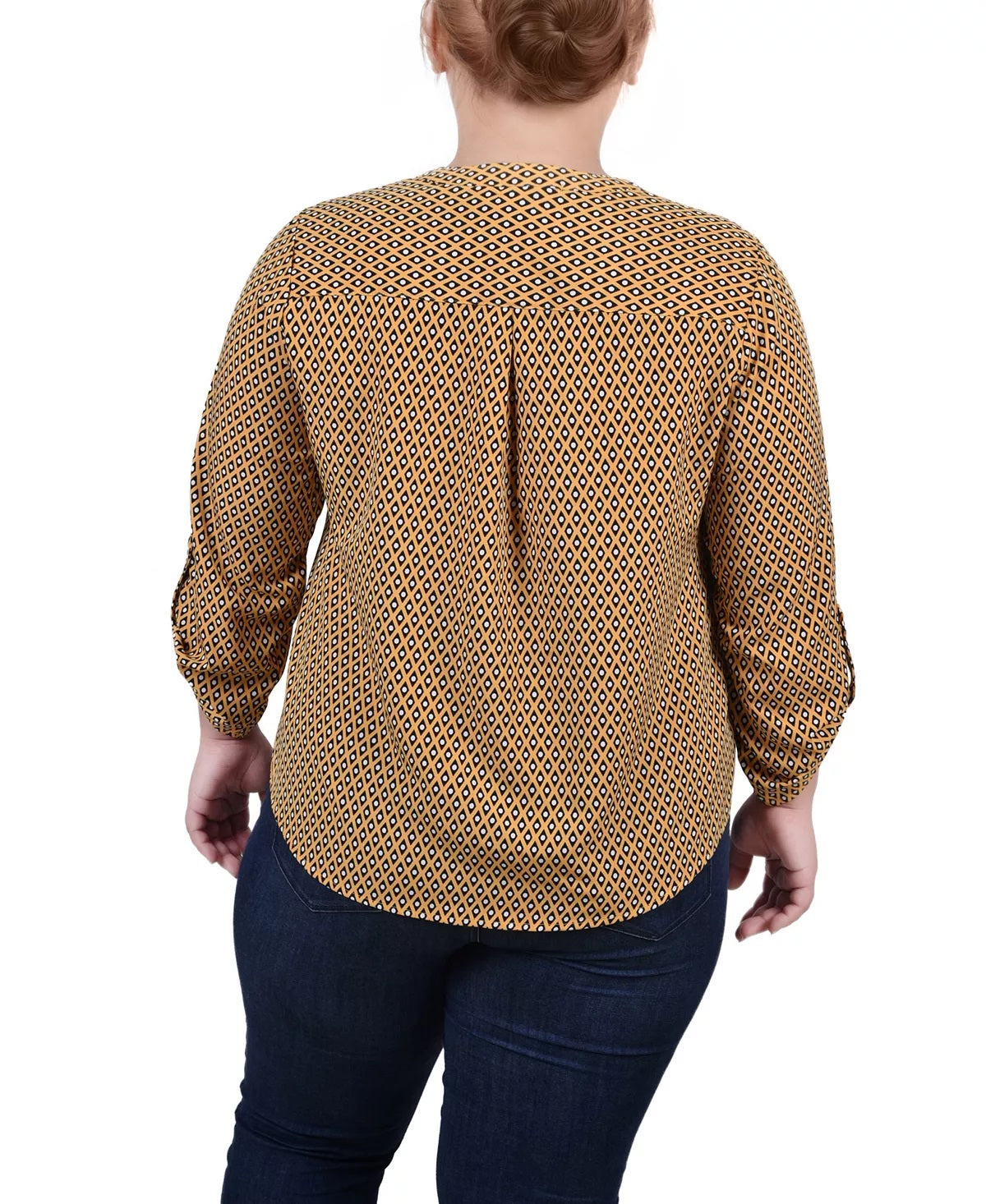 NY Collection Women's 3/4 Sleeve Roll Tab Y Neck Blouse Yellow Size 2X