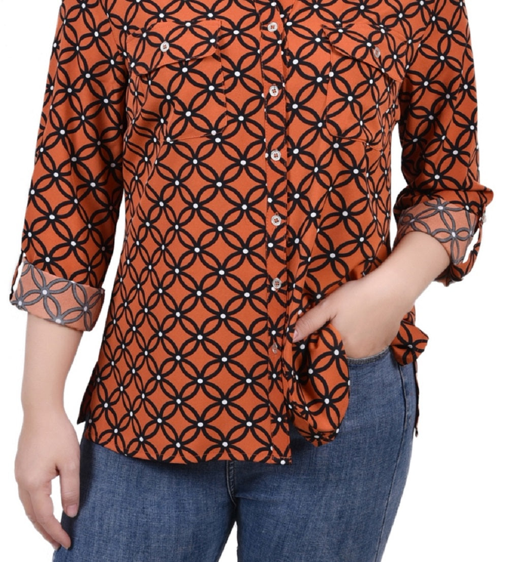 NY Collection Women's 3/4 Sleeve Roll Tab Notch Collar Blouse Orange Size Petite Medium